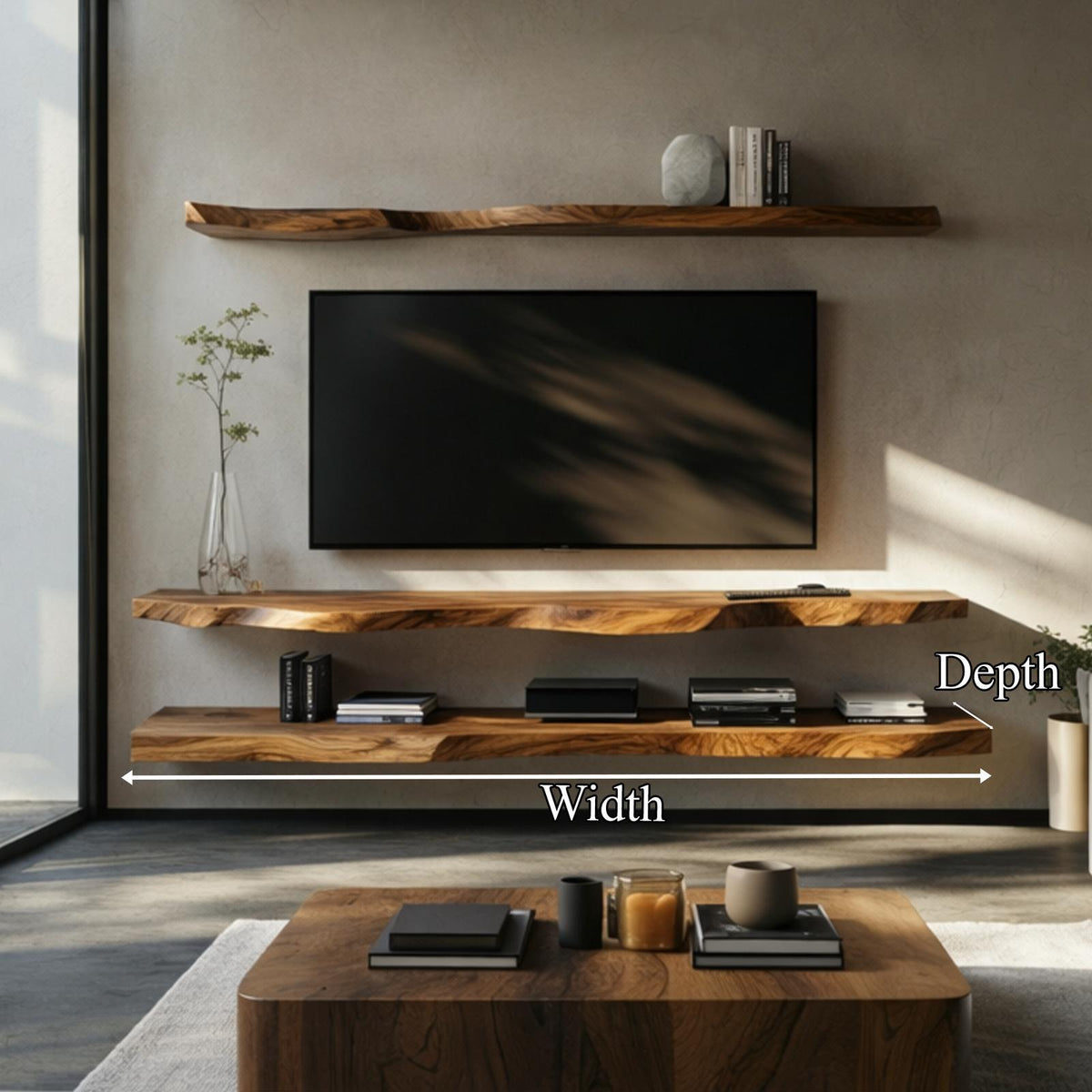 Rustic Live Edge Floating Media Shelf Solid Wood Living Room Interior Wall Mounted