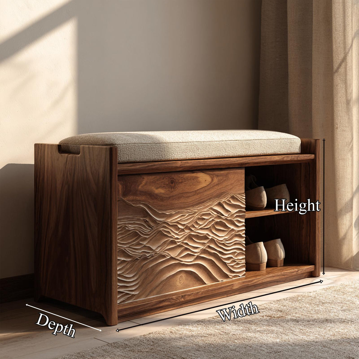 Rustic Sculptural Storage Bench, Handcrafted Wood Entryway Seating & Toy Box Chest