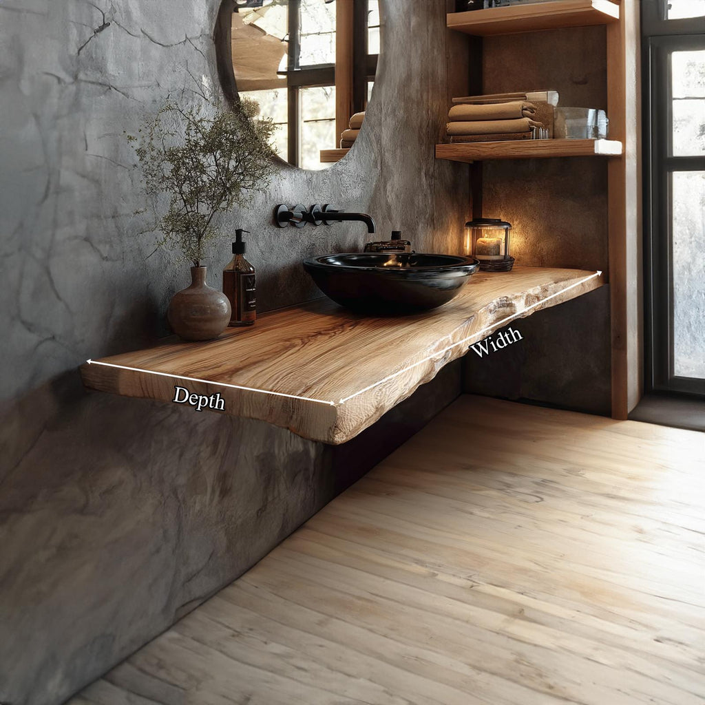 Mid-Century Floating Shelf, Natural Edge Solid Wood Bathroom Vanity Countertop, Single Sink Shelf Console