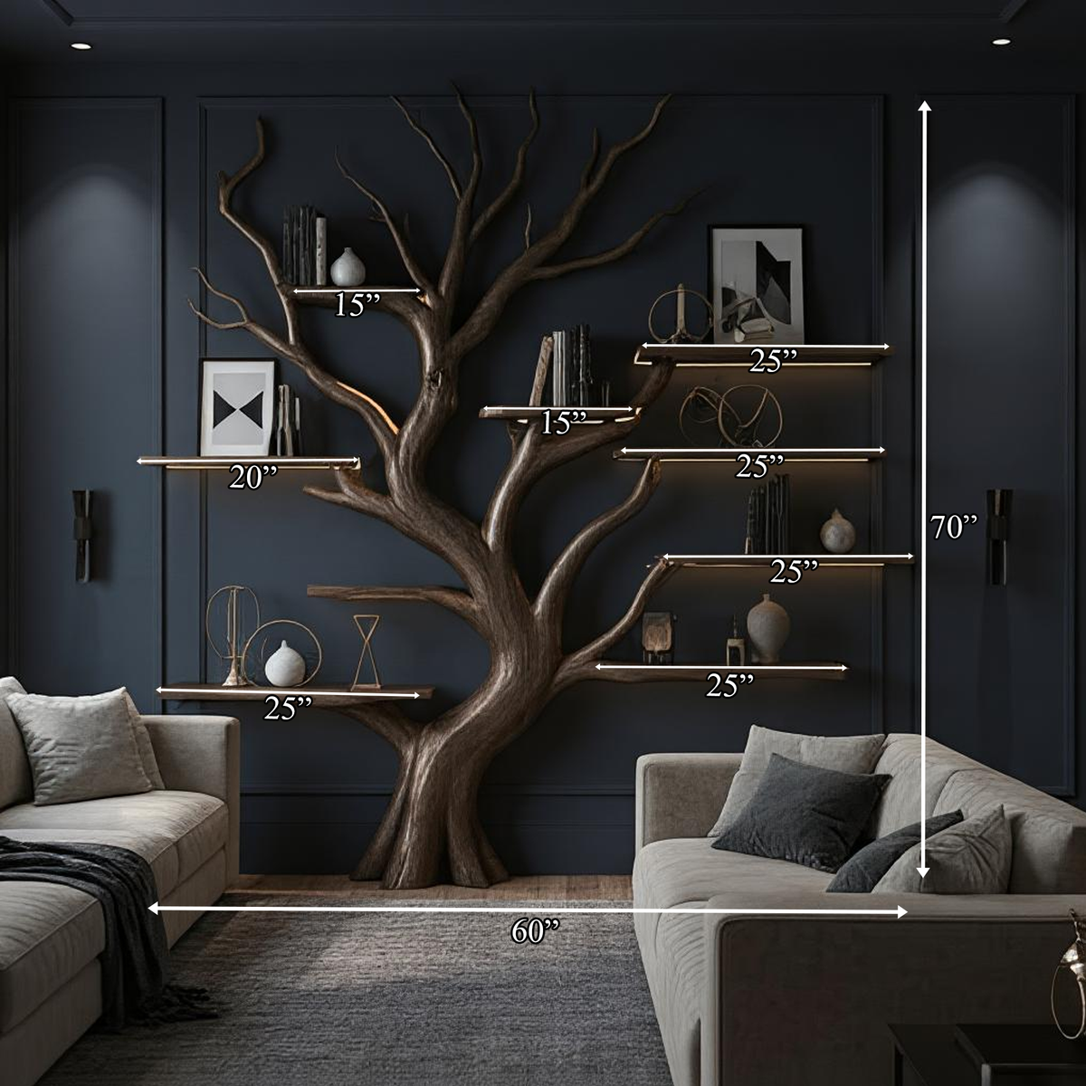 Rustic Tree Inspired Shelf Living Room Reading Nook Decor