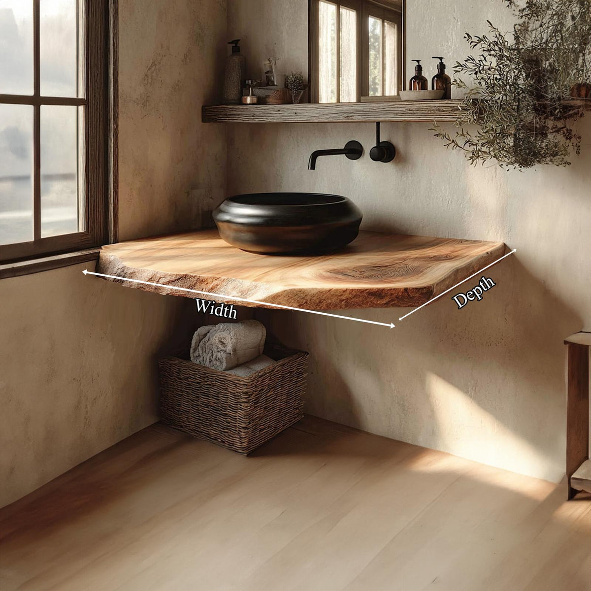 Teezano Rustic Live Edge Floating Shelf, Bathroom Natural Solid Wood Wall Mounted Storage Shelf, Model SINLKIBRV164