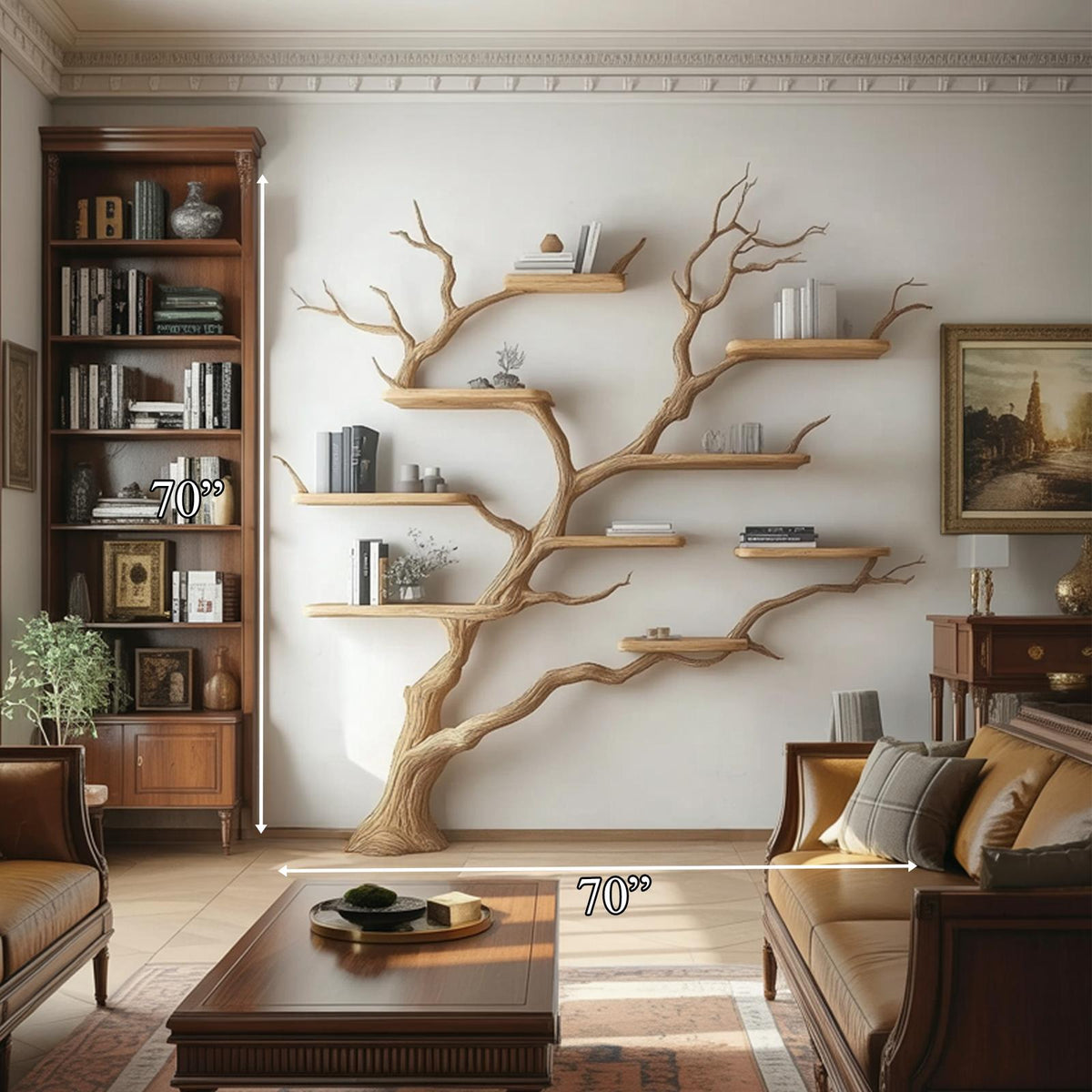 Rustic Handcrafted Wood Tree Wall Bookshelf, Floating Branch Mounted Bookcase Statement Piece for Living Room Decor
