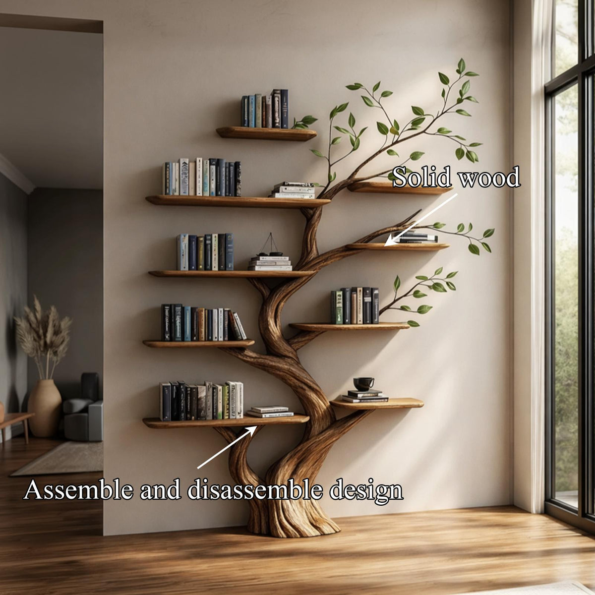 Rustic Wood Tree Bookcase, Handcrafted Floating Branch Wall Mounted Bookcase Display Organizer for Living Room