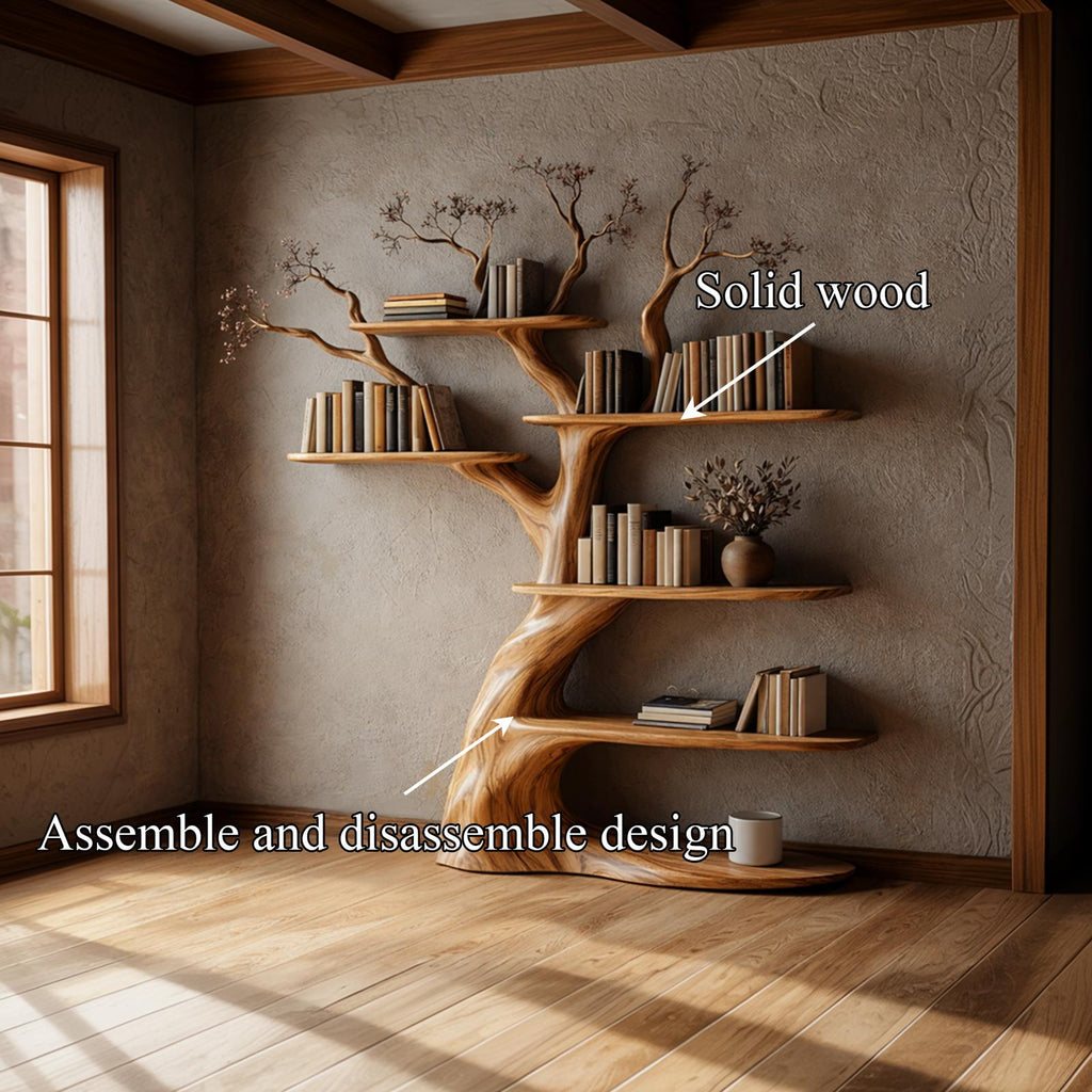 Artisan Tree Inspired Wood Bookshelf, Handcrafted Floating Branch Wall Mounted Bookcase Storage for Home Office