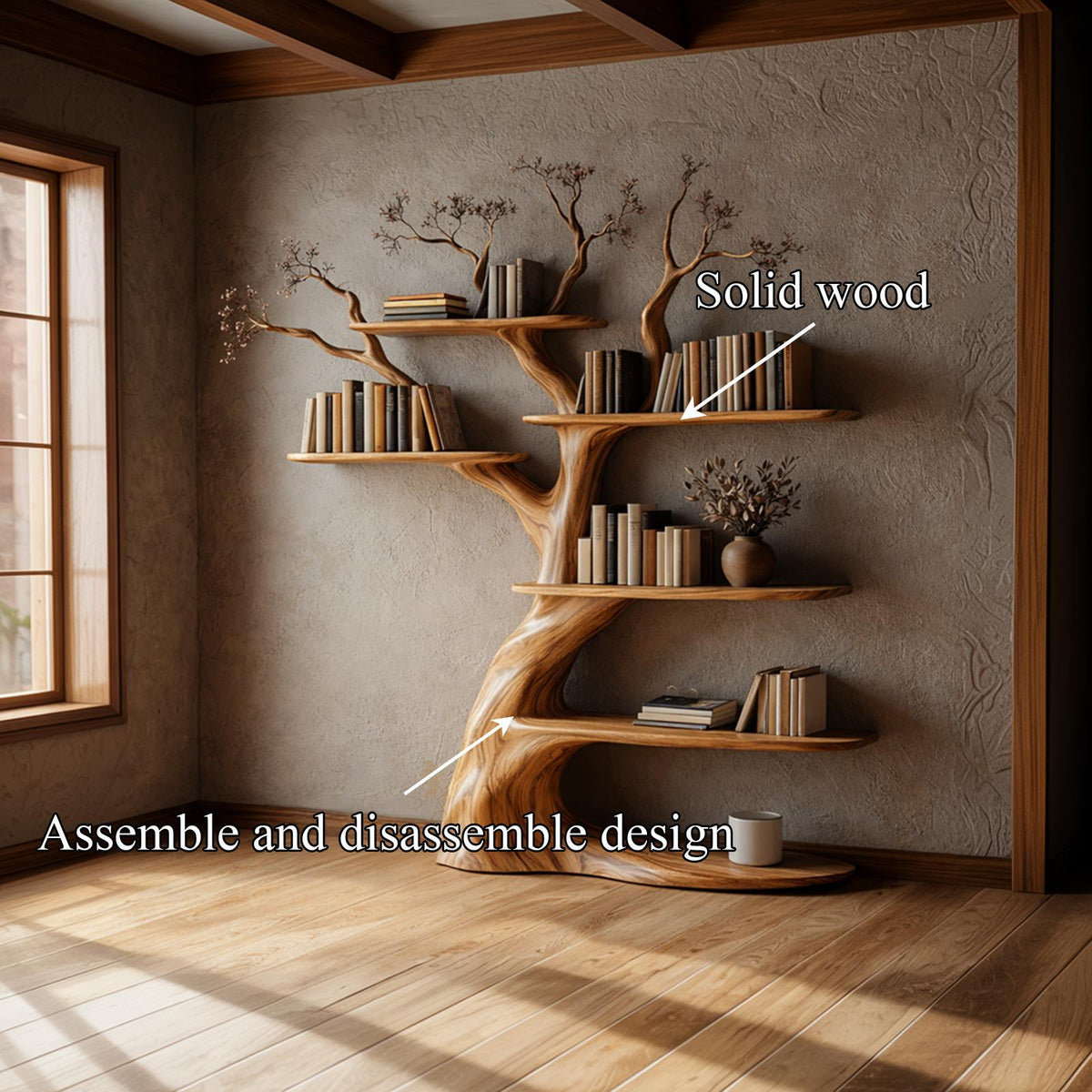 Artisan Tree Inspired Wood Bookshelf, Handcrafted Floating Branch Wall Mounted Bookcase Storage for Home Office