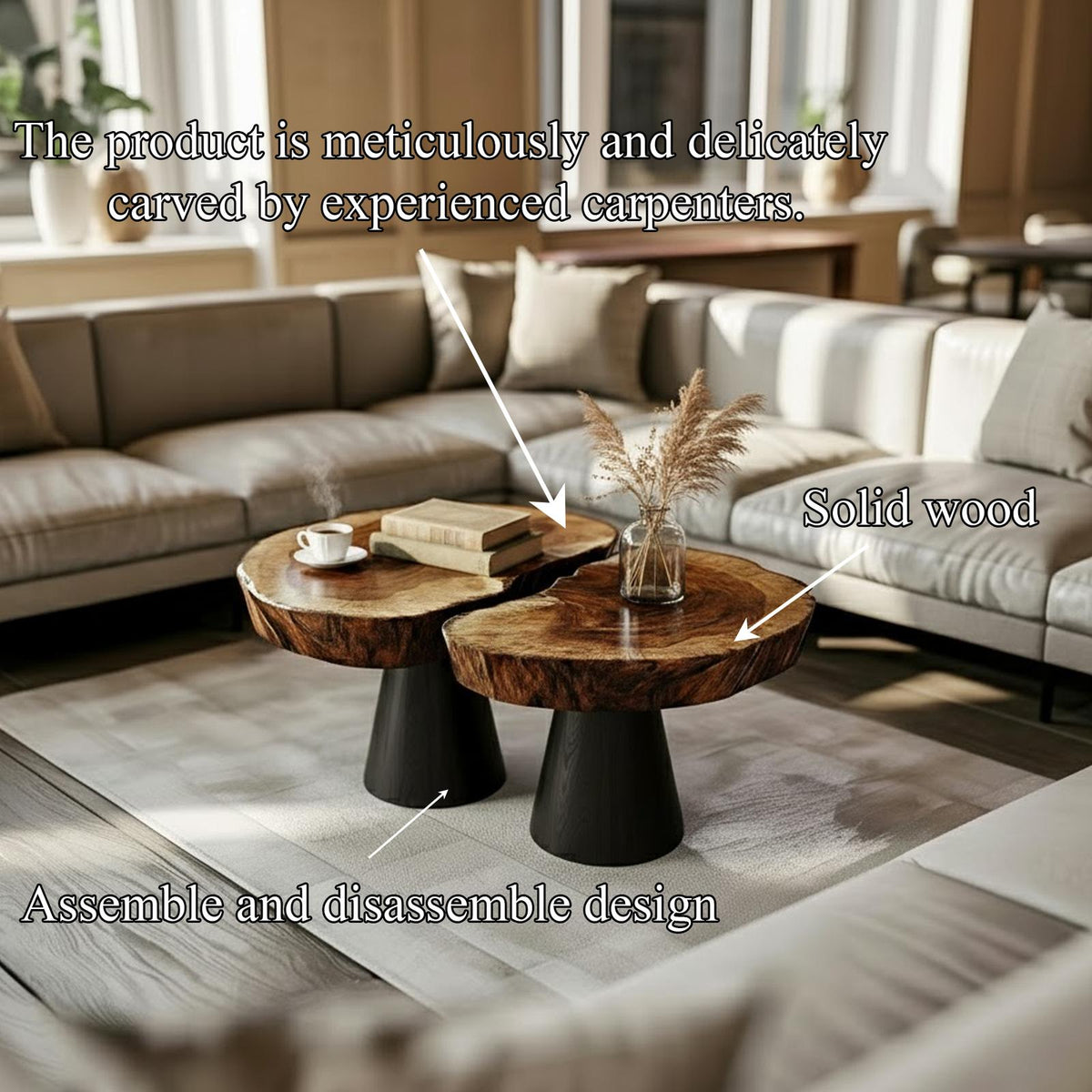 Live Edge Solid Wood Coffee Table with Black Metal Base, Rustic Industrial Living Room Center Accent Table