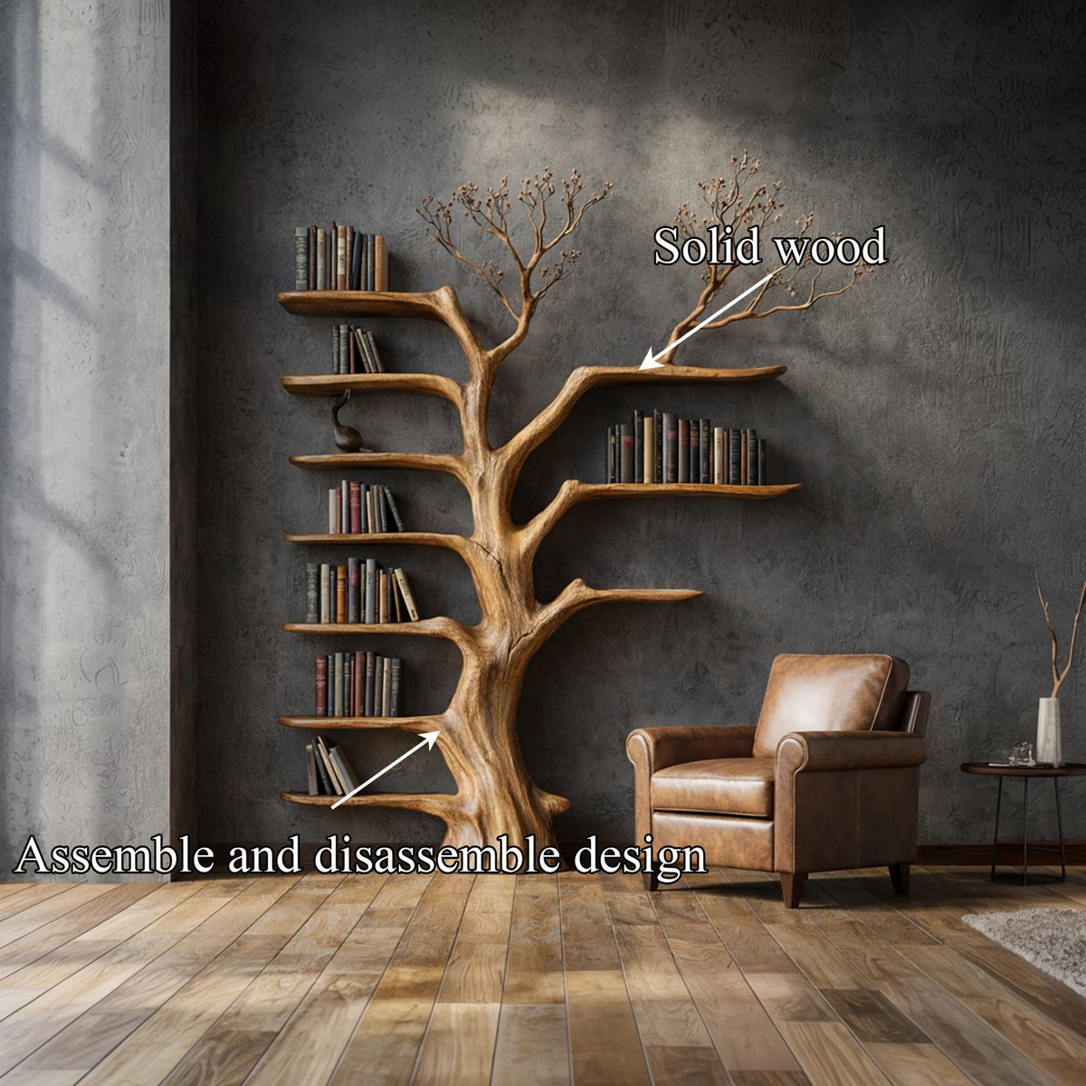 Rustic Tree Bookshelf, Wall Mounted Solid Wood Branch Book Rack, Signature Decorative Furniture for Living Rooms
