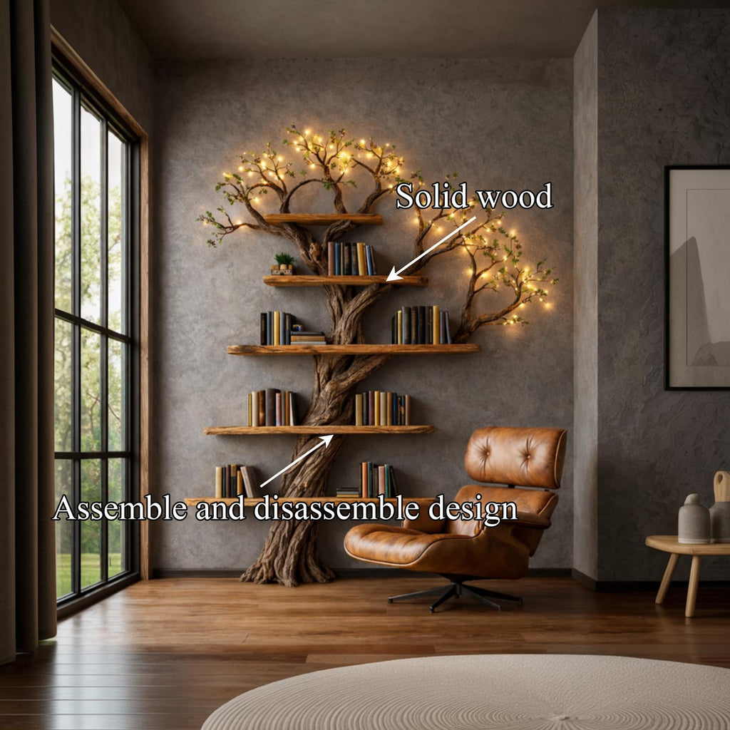 Sculptural Tree Bookshelf, Handcrafted Solid Wood Branch Wall Floating Bookcase Art Furniture for Living Room