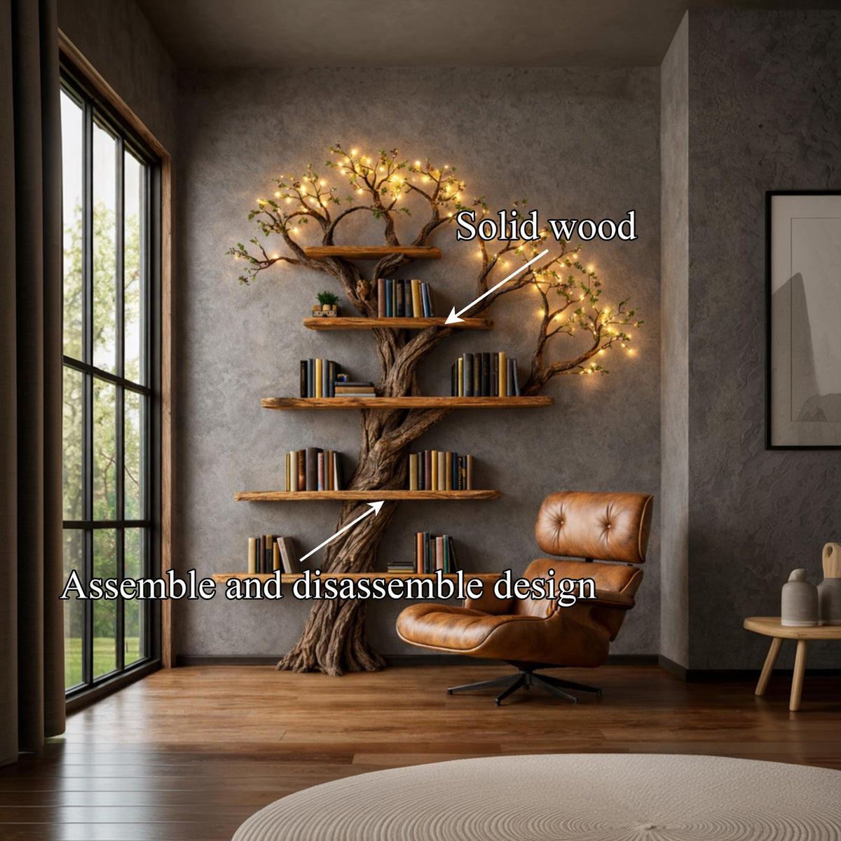 Sculptural Tree Bookshelf, Handcrafted Solid Wood Branch Wall Floating Bookcase Art Furniture for Living Room
