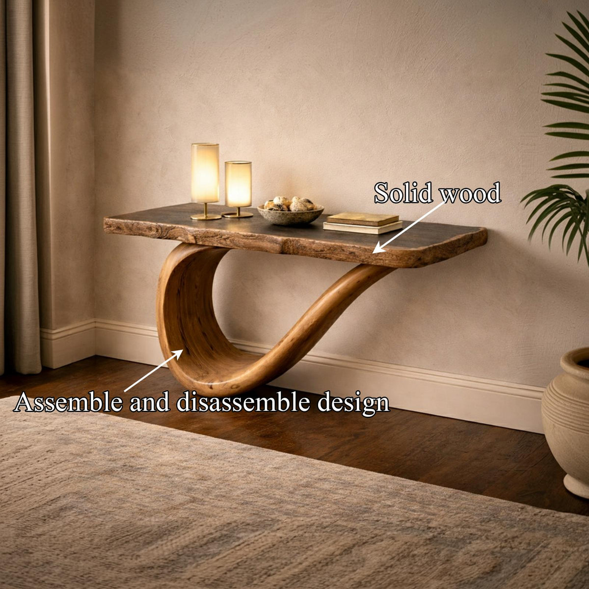 Spry Interior Sculptural Wood Console Table, Handcrafted Art Furniture Entryway Accent Shelf for Living Room and Gallery, SINLKICS471