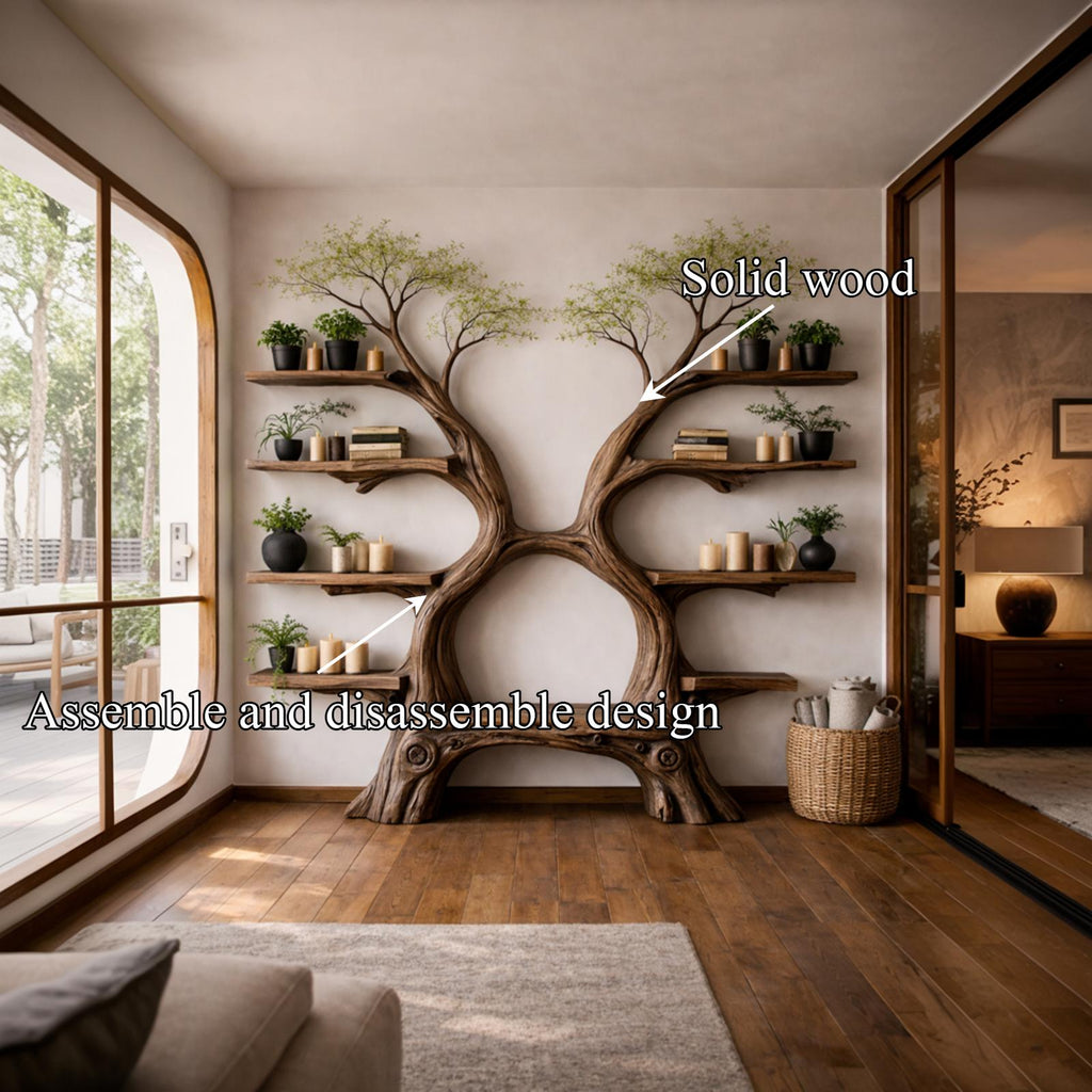 Rustic Artistic Twin Tree Bookshelf With Bench Living Room Interior Centerpiece