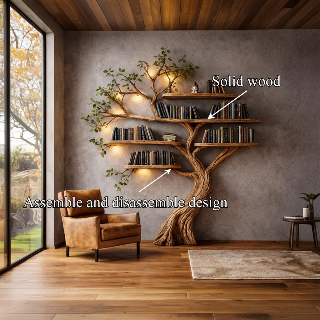 Organic Modern Sculptural Tree Bookshelf, Handcrafted Wood Floating Branch Bookcase Wall Display for Home Interior