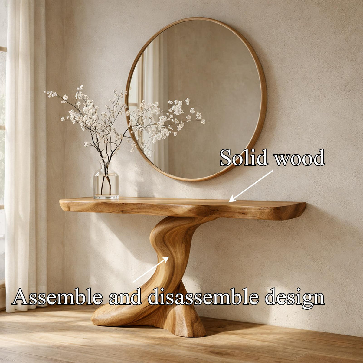 Spry Interior Rustic Sculptural Wood Console Table, Handcrafted Single Pedestal Entryway Accent Table for Living Room Hallway, SINLKICS476