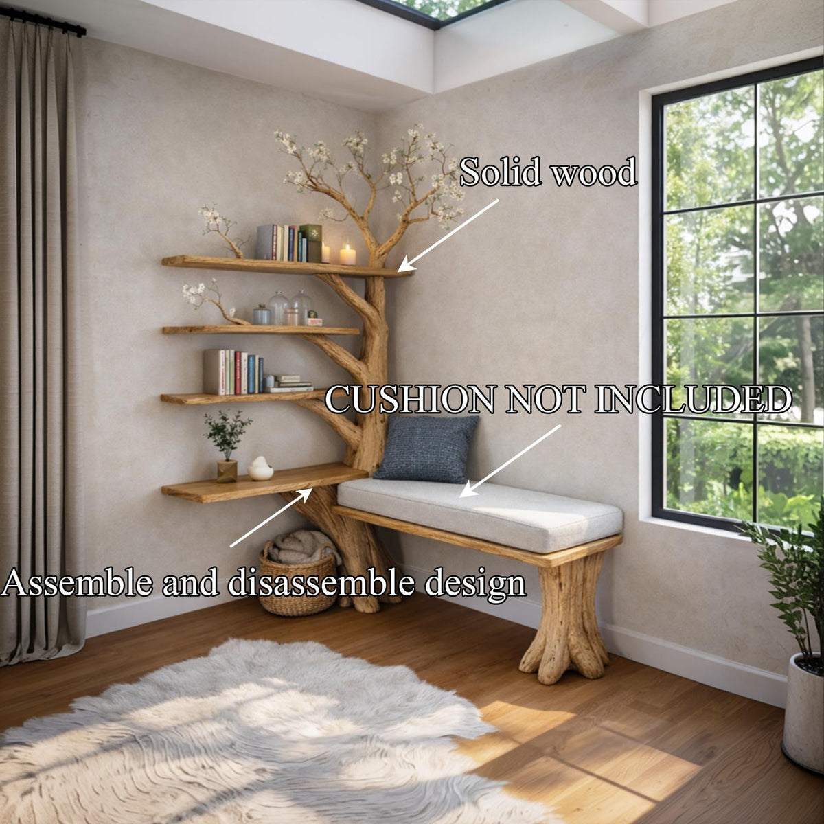 Spry Interior Rustic Artistic Tree Bookshelf with Integrated Bench Seating, Wood Branch Display Unit for Living Room Foyer, SINLKITB653