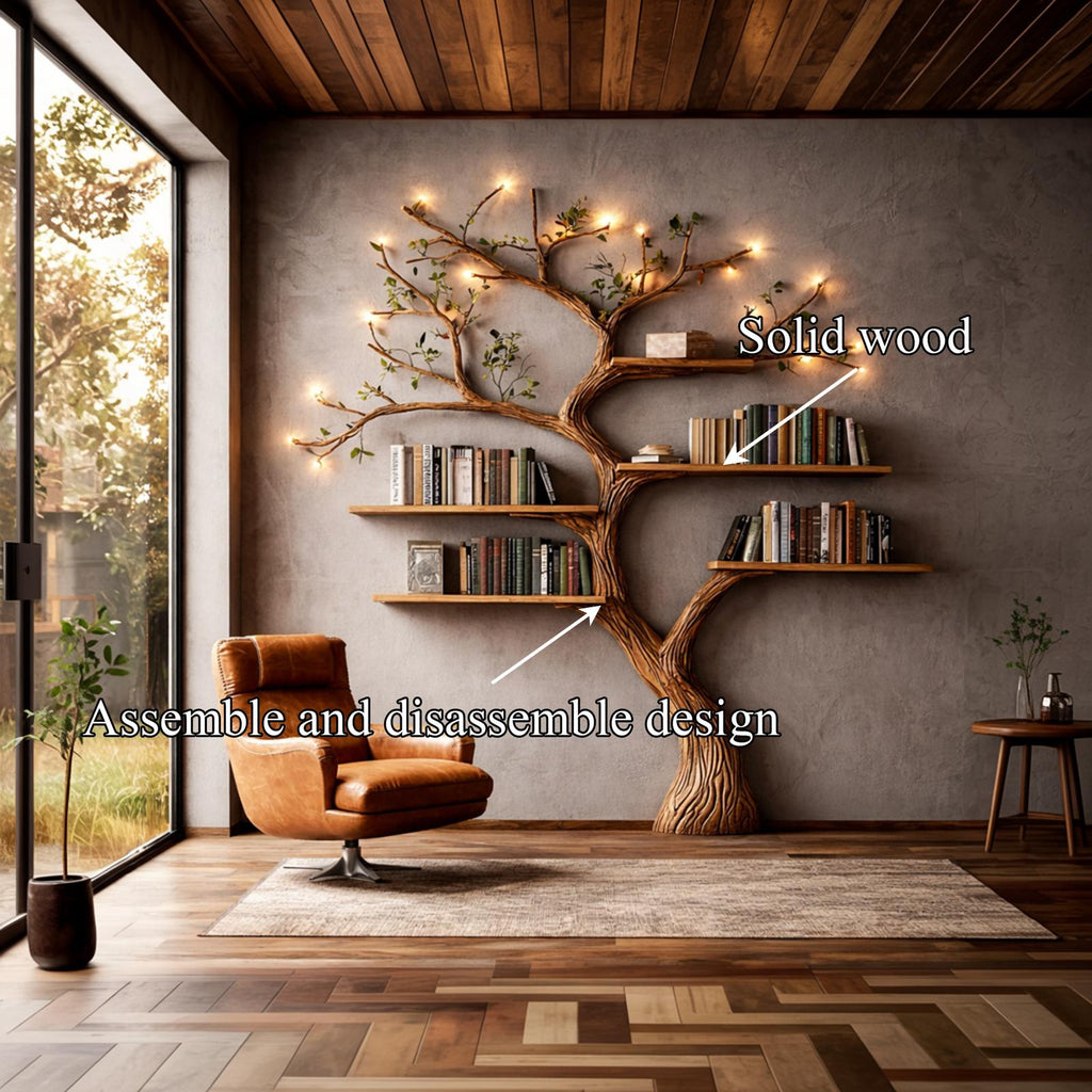 Organic Modern Wall Mounted Tree Bookshelf, Handcrafted Solid Wood Floating Branch Bookcase for Living Room
