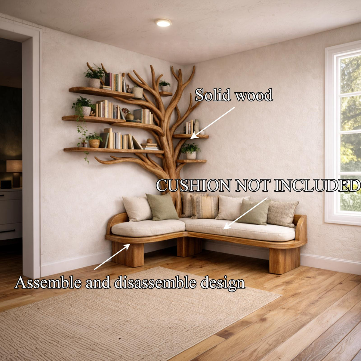 Spry Interior Rustic Sculptural Tree Bookshelf with Corner Bench, Wood Branch Shelf with Integrated Entryway & Foyer Seating, SINLKITB654