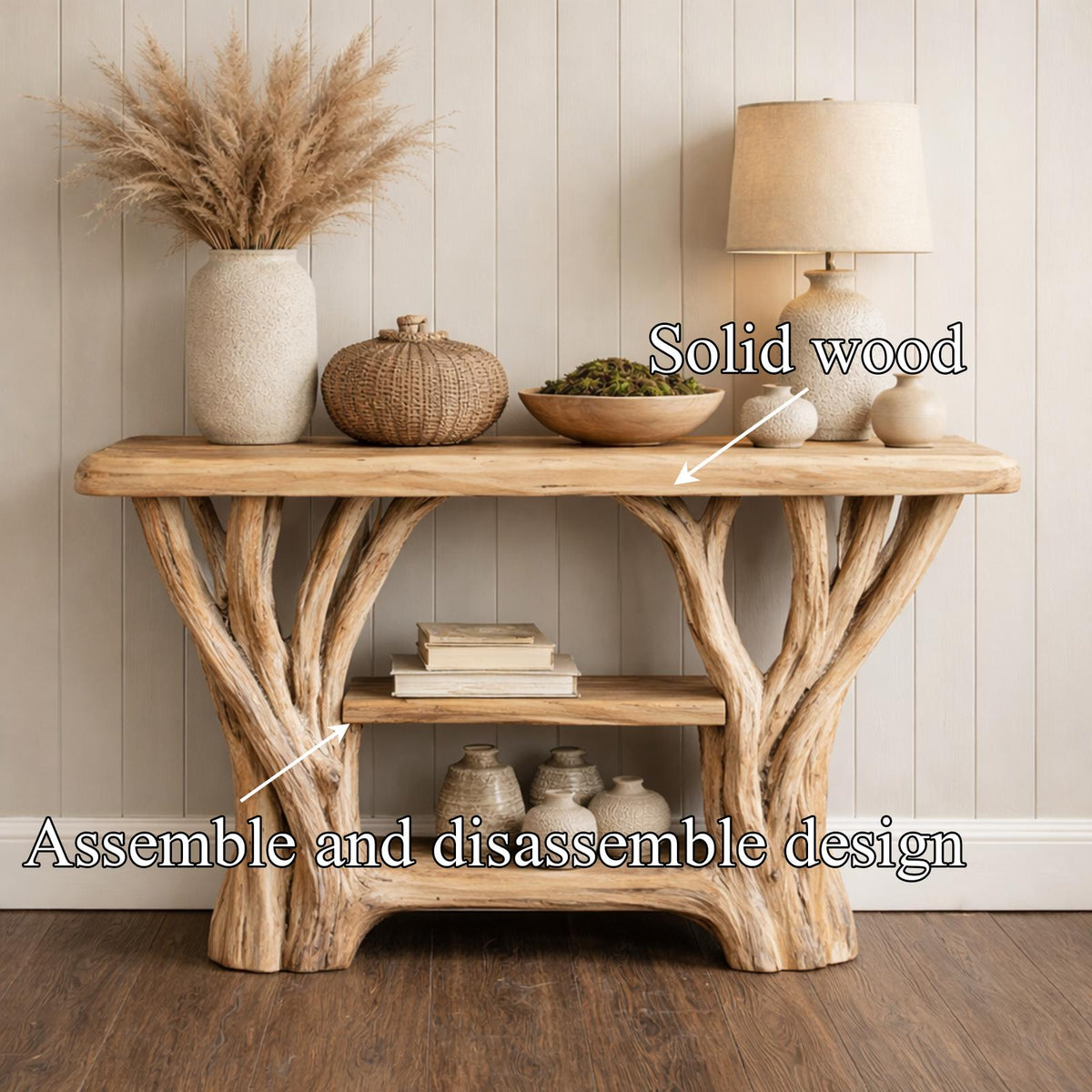 Spry Interior Japandi Style Wood Console Table, Sculptural Single Pedestal Base Minimalist Entryway Table for Modern Home, SINLKICS480