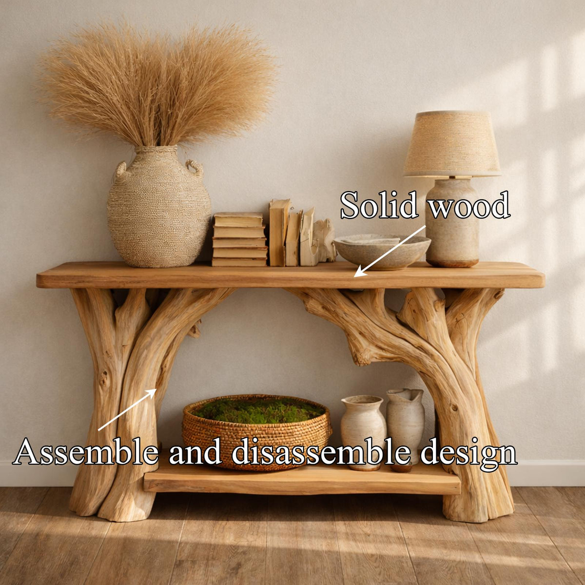 Spry Interior Organic Rustic Wood Console Table with Sculptural Tree Legs and Storage Bottom Shelf for Hallway Entryway, SINLKICS481
