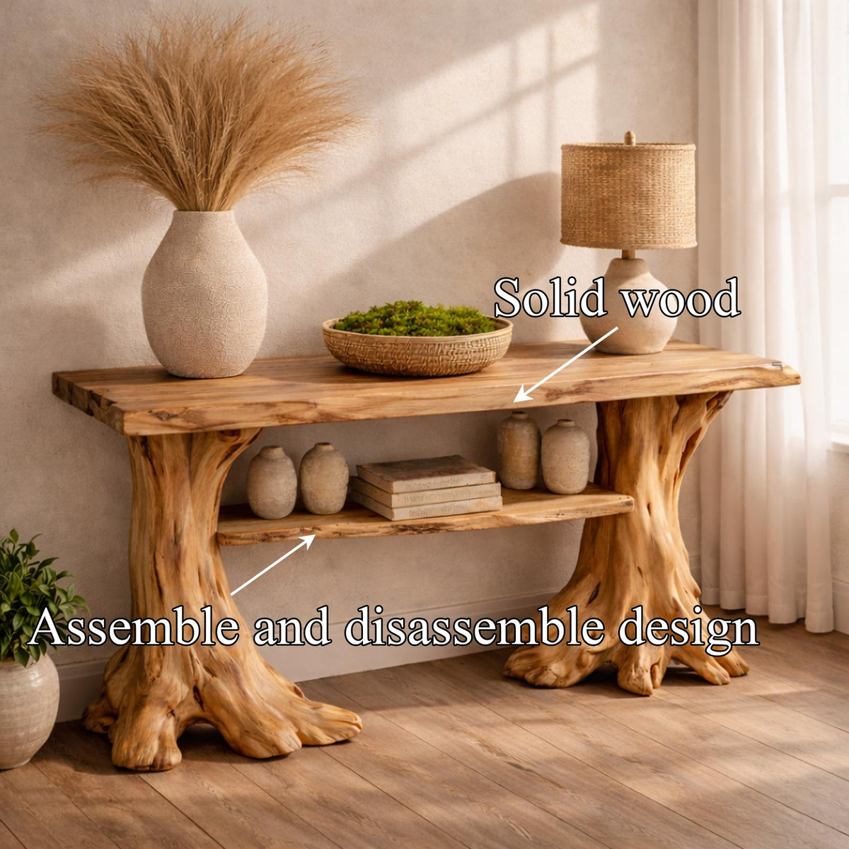 Spry Interior Organic Wood Console Table, Tree Style Base Handcrafted Entryway Accent Table for Living Room and Hallway, SINLKICS482