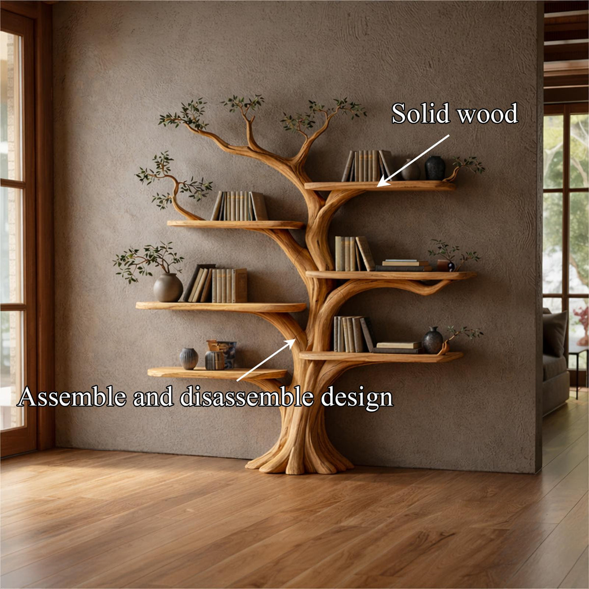 Rustic Tree Style Bookshelf, Handcrafted Solid Wood Floating Branch Wall Mounted Bookcase for Modern Home Decor
