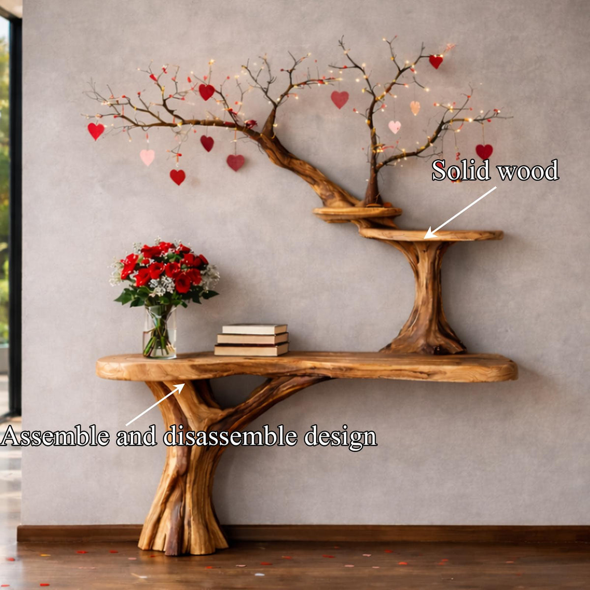 Spry Interior Rustic Tree Inspired Wood Console Shelf, Handcrafted Entryway Table with Branch Base for Living Room Hallway, SINLKICS473
