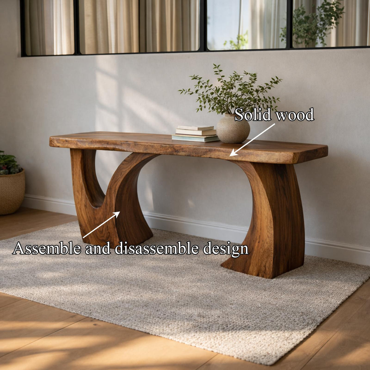 Spry Interior Sculptural Wood Console Table, Handcrafted Art Furniture Entryway Accent Shelf for Gallery Living Room Interior, SINLKICS466