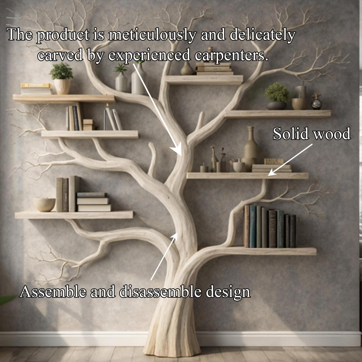 Rustic Wood Tree Bookshelf, Handcrafted Floating Branch Wall Mounted Bookcase for Living Room Bedroom Storage