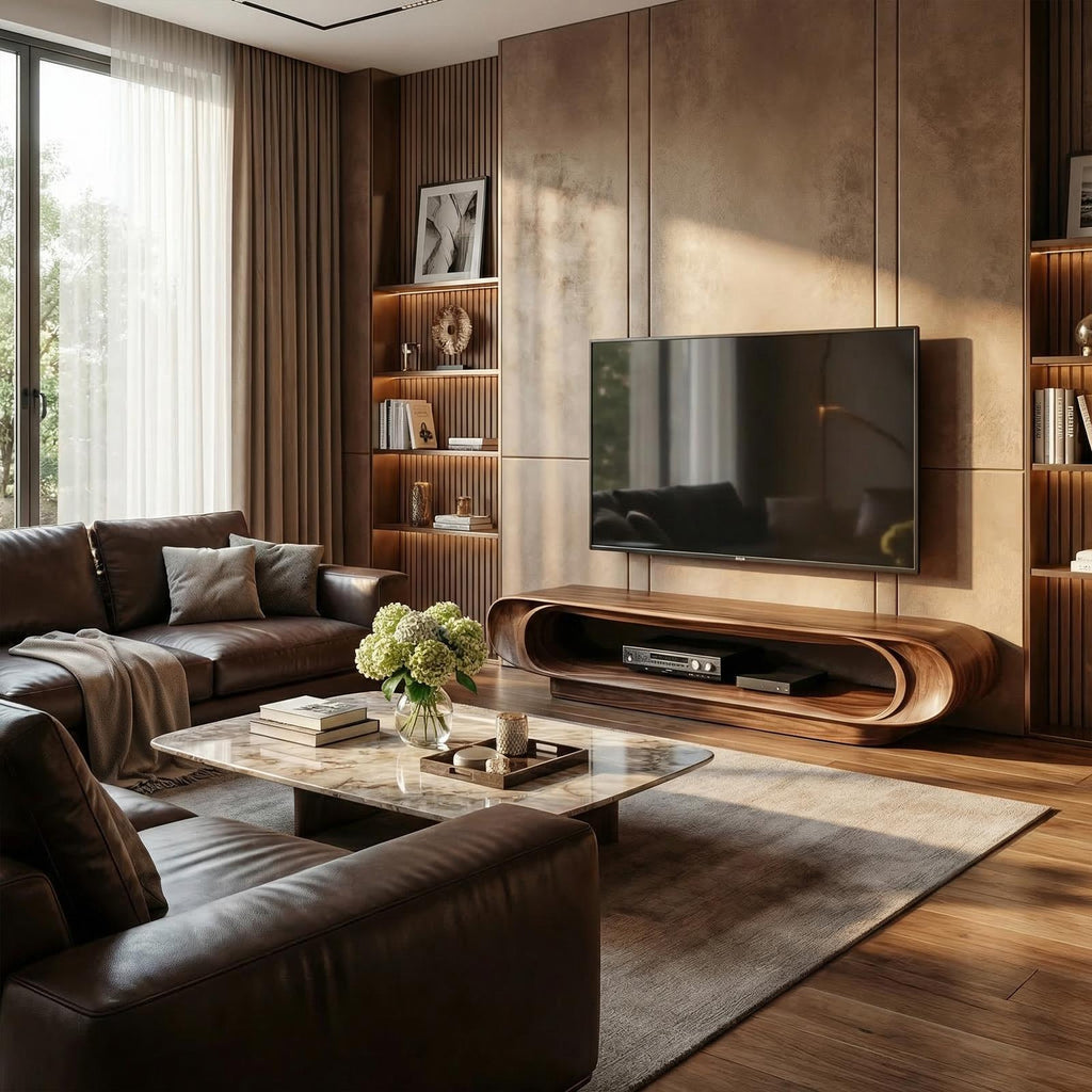 Modern Organic Curved TV Stand, Solid Wood Entertainment Unit Media Console for Living Room