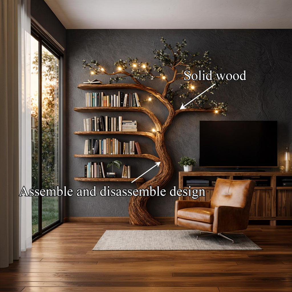 Rustic Hand Carved Tree Bookshelf Artistic Storage For Living Room