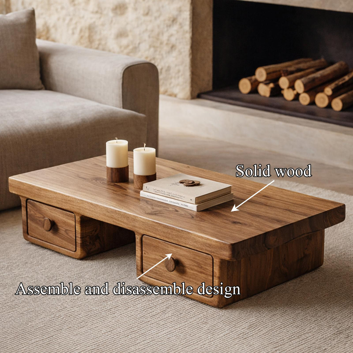 Compact Storage Solid Wood Coffee Table Cozy Living Room Interior SINLKICF314
