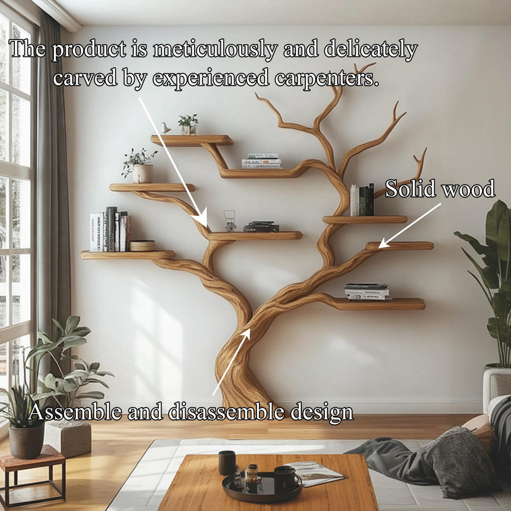 Rustic Wood Tree Bookcase, Handcrafted Floating Branch Wall Mounted Bookcase Display Shelf for Living Room Decor