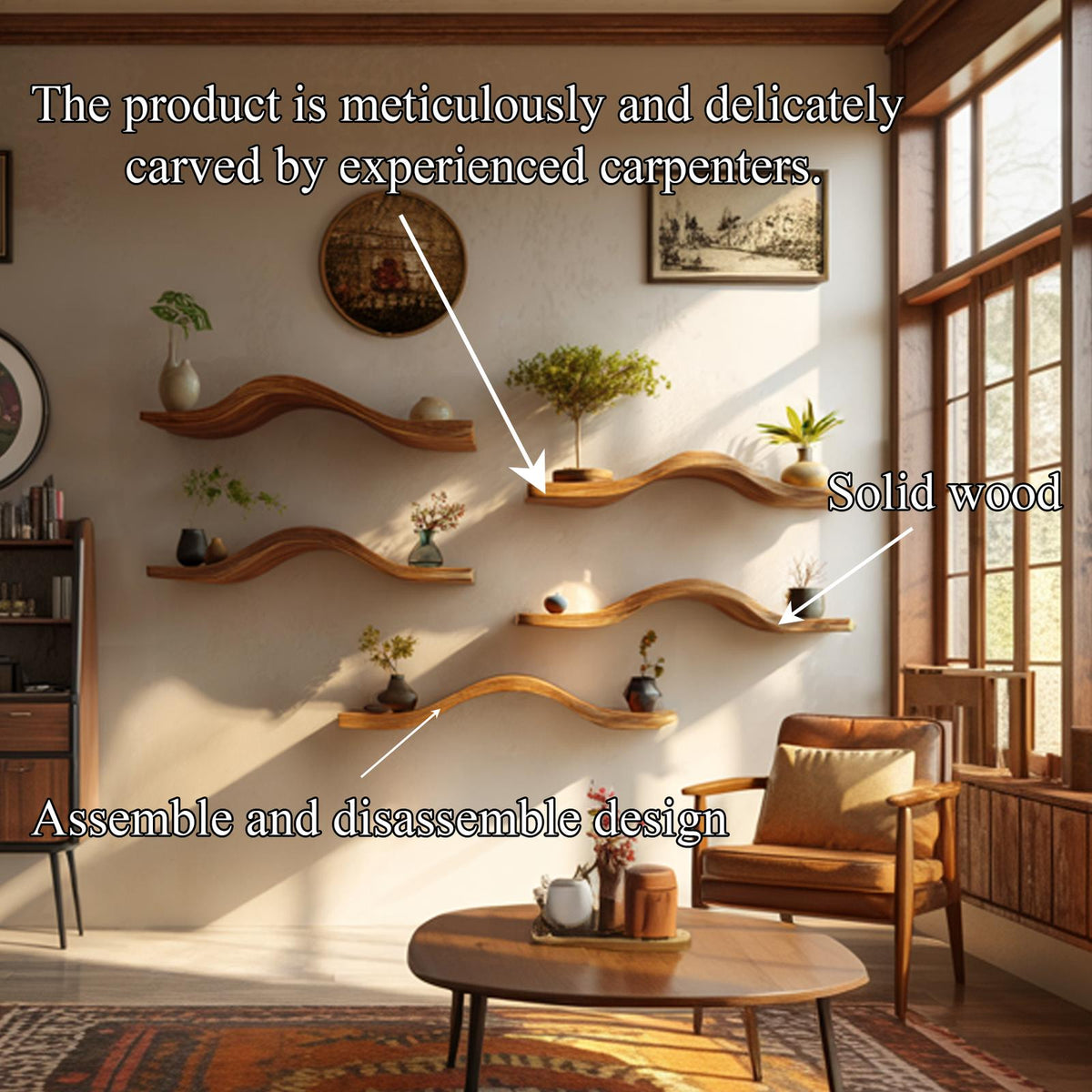 Curved Solid Wood Floating Shelves Organic Modern Living Room Interior