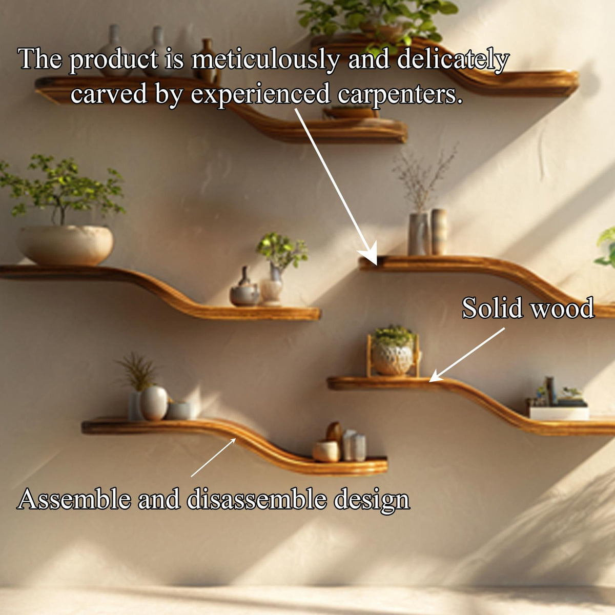 Organic Wave Solid Wood Shelf Floating Wall Media Display Interior
