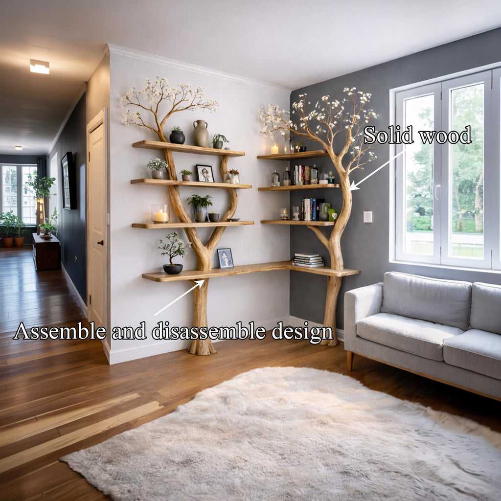 Spry Interior Nature Inspired Solid Wood Tree Display Bookcase, Handcrafted Floating Branch Wall Mounted Shelf for Living Room, SINLKITB640