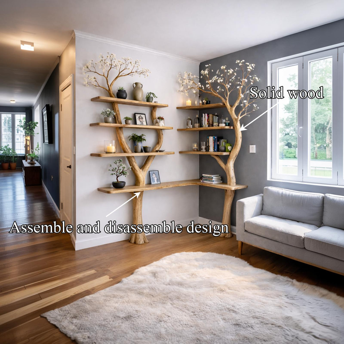 Spry Interior Nature Inspired Solid Wood Tree Display Bookcase, Handcrafted Floating Branch Wall Mounted Shelf for Living Room, SINLKITB640