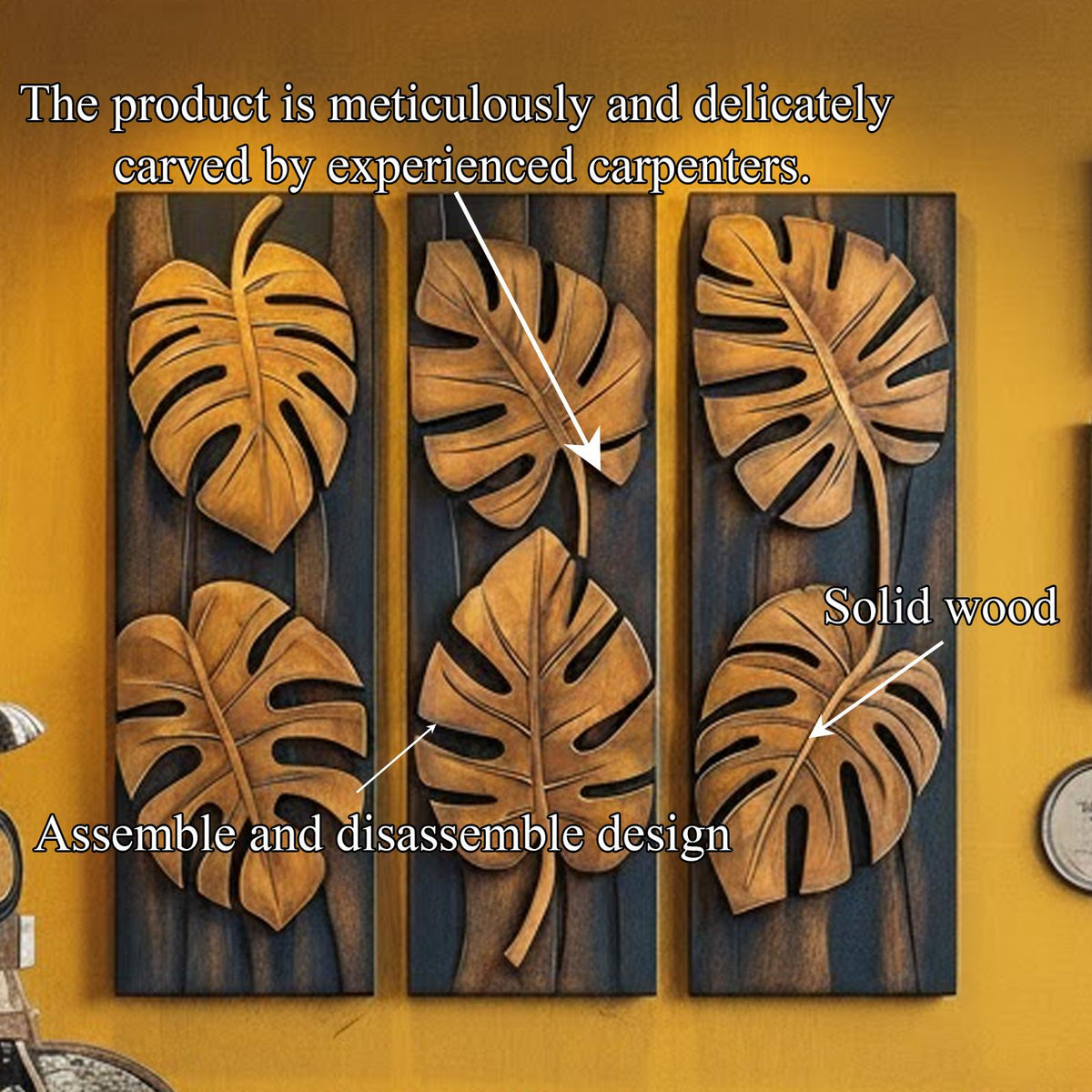 Tropical Monstera Carved Solid Wood Wall Art Panel Set Interior Decor