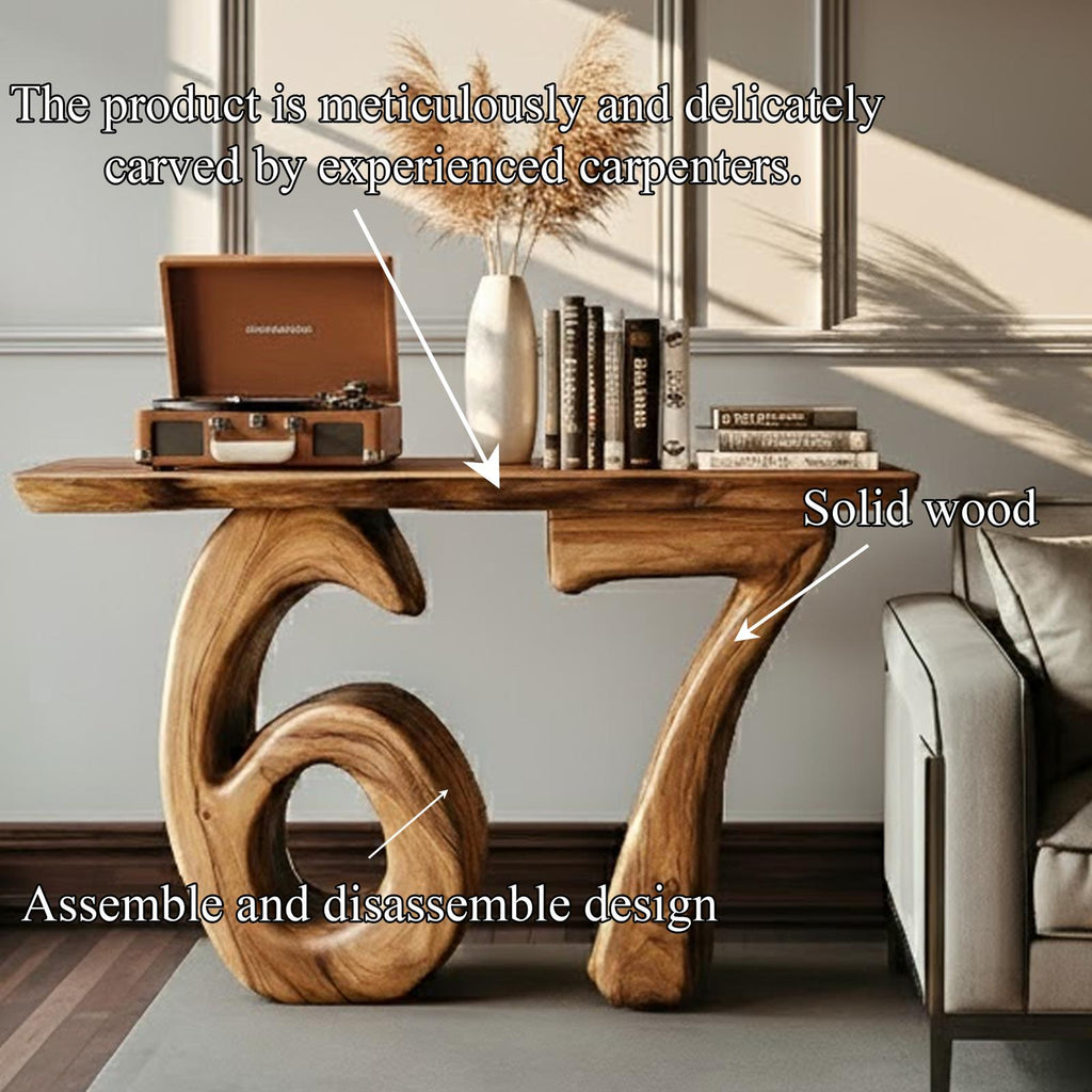 Sculptural Number 67 Wooden Console Table, Modern Abstract Entryway Decor & Living Room Hallway Accent Table