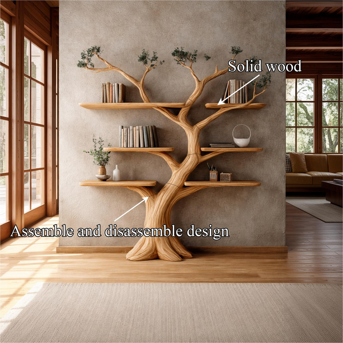 Organic Wood Tree Bookcase, Handcrafted Solid Wood Floating Branch Bookshelf Wall Mounted Display for Living Room