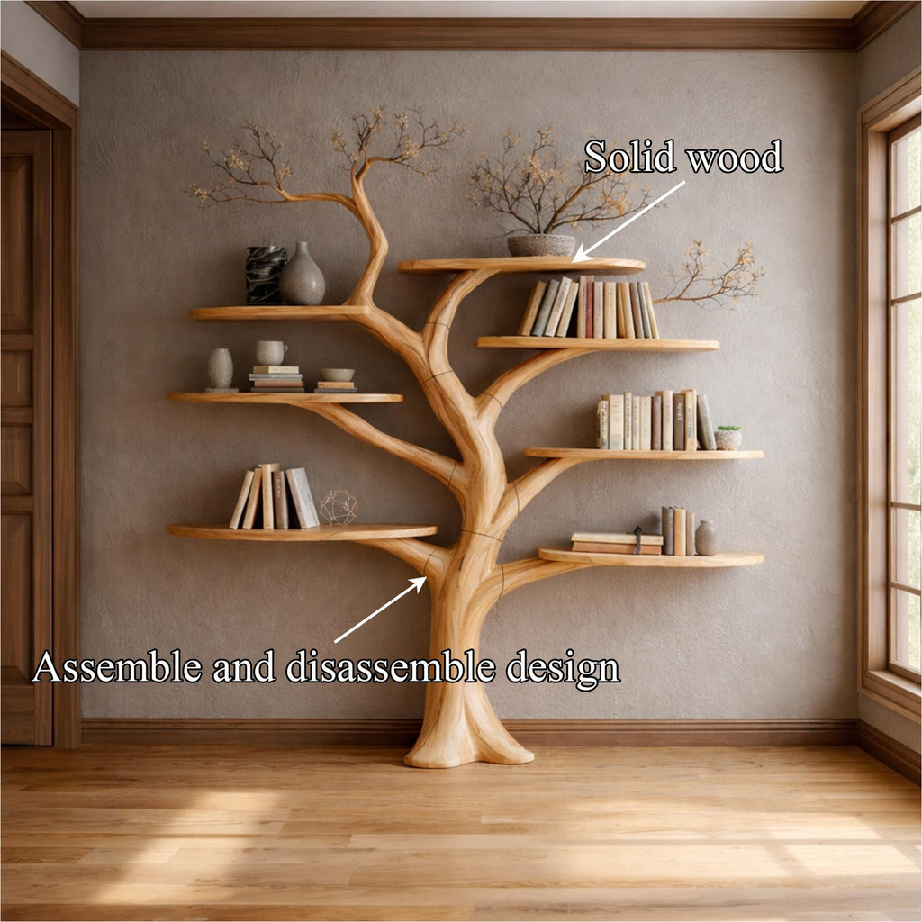Midcentury Sculptural Wood Tree Bookshelf, Handcrafted Wall Mounted Floating Branch Bookcase for Living Room Art