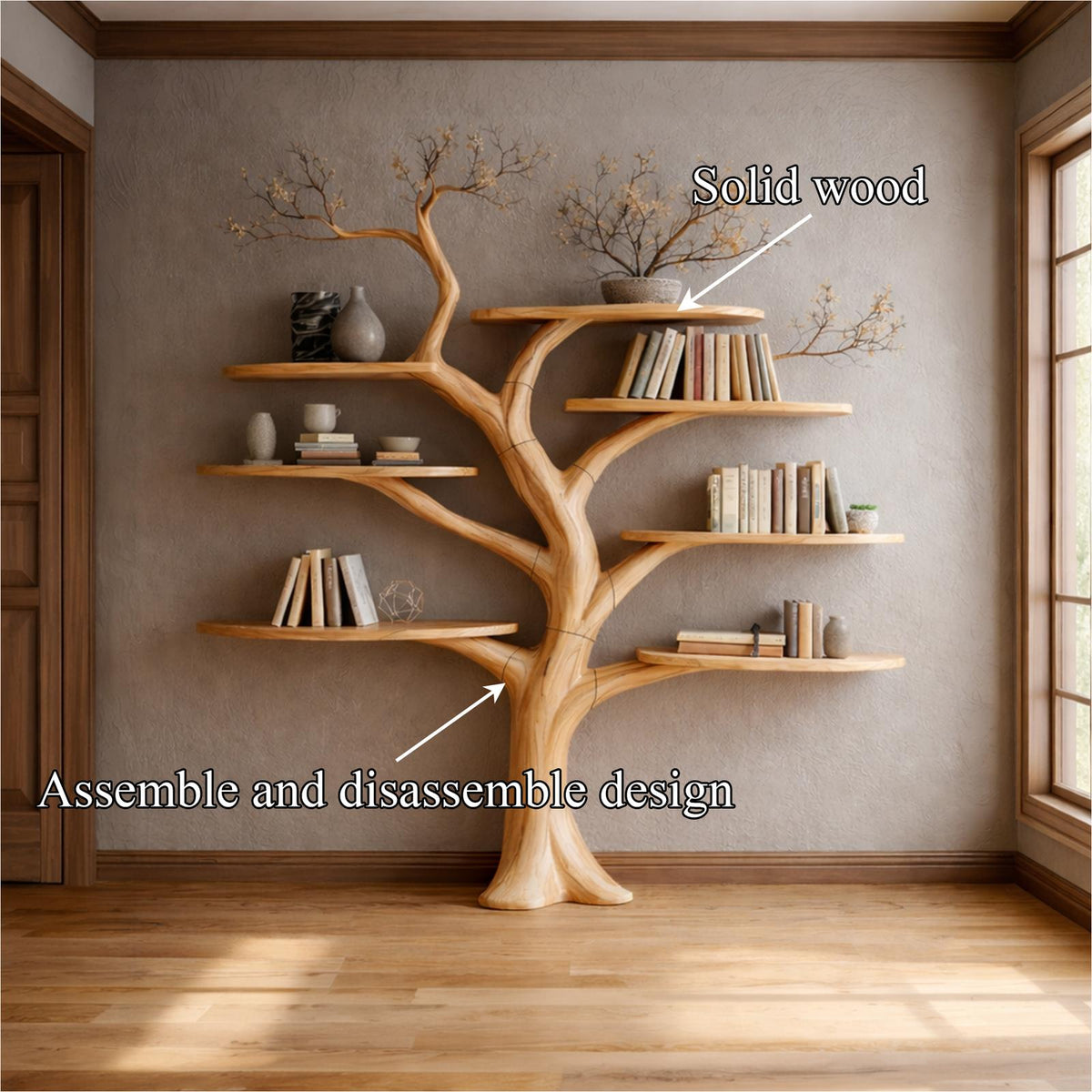 Midcentury Sculptural Wood Tree Bookshelf, Handcrafted Wall Mounted Floating Branch Bookcase for Living Room Art
