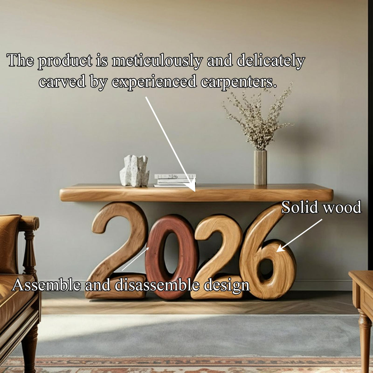Sculptural Modern Wooden Console Table, Abstract Geometric Entryway & Living Room Art Deco Accent Table