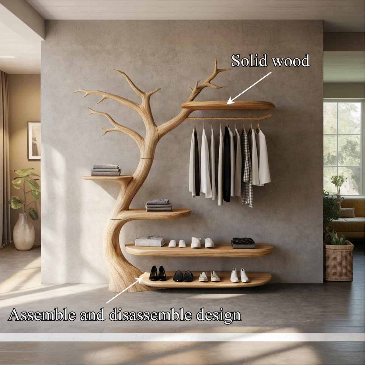 Handcrafted Wooden Tree Coat Rack Bedroom Space