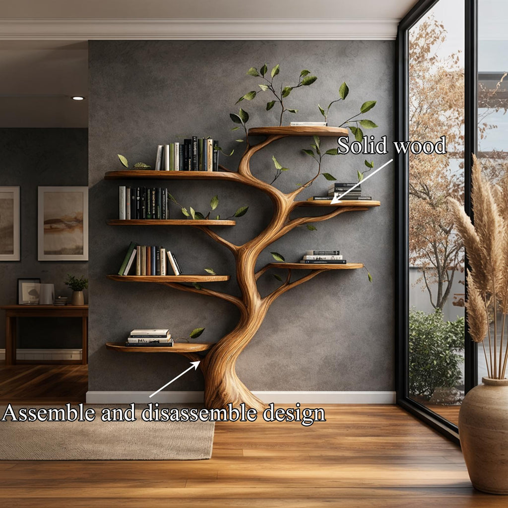 Organic Wood Tree Bookshelf, Handcrafted Floating Branch Wall Mounted Bookcase Display for Modern Living Room