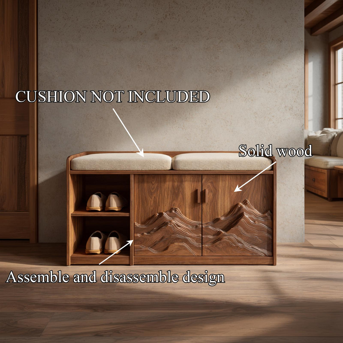 Rustic Sculptural Storage Bench For Entryway Or Sleeping Space