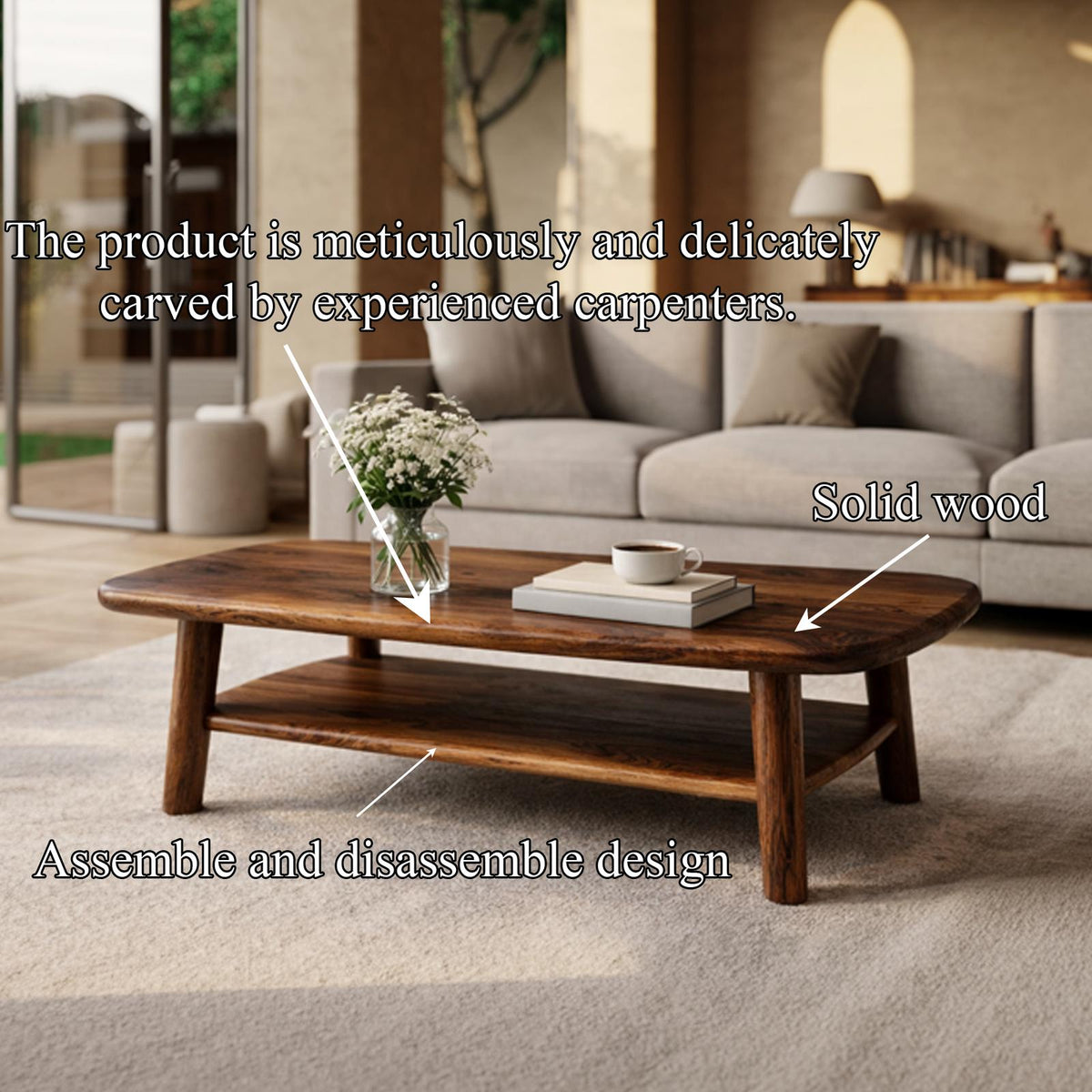 Refined Modern Solid Wood Coffee Table, Elegant Minimalist Center Table for Sophisticated Living Room Interior
