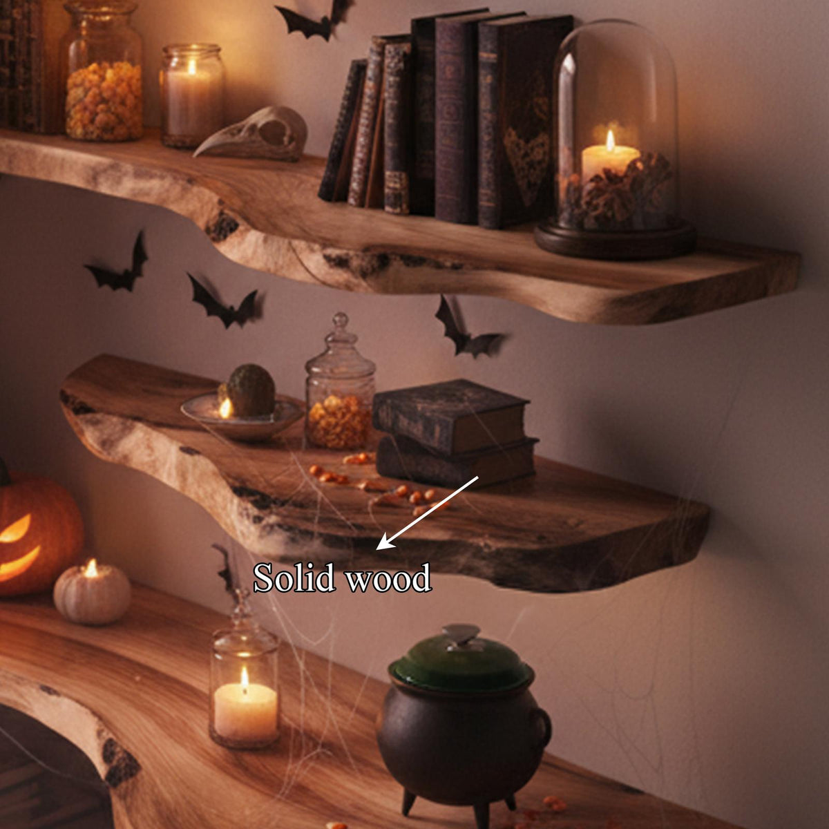 Mid Century Halloween Floating Shelf Natural Wood Wall Decor
