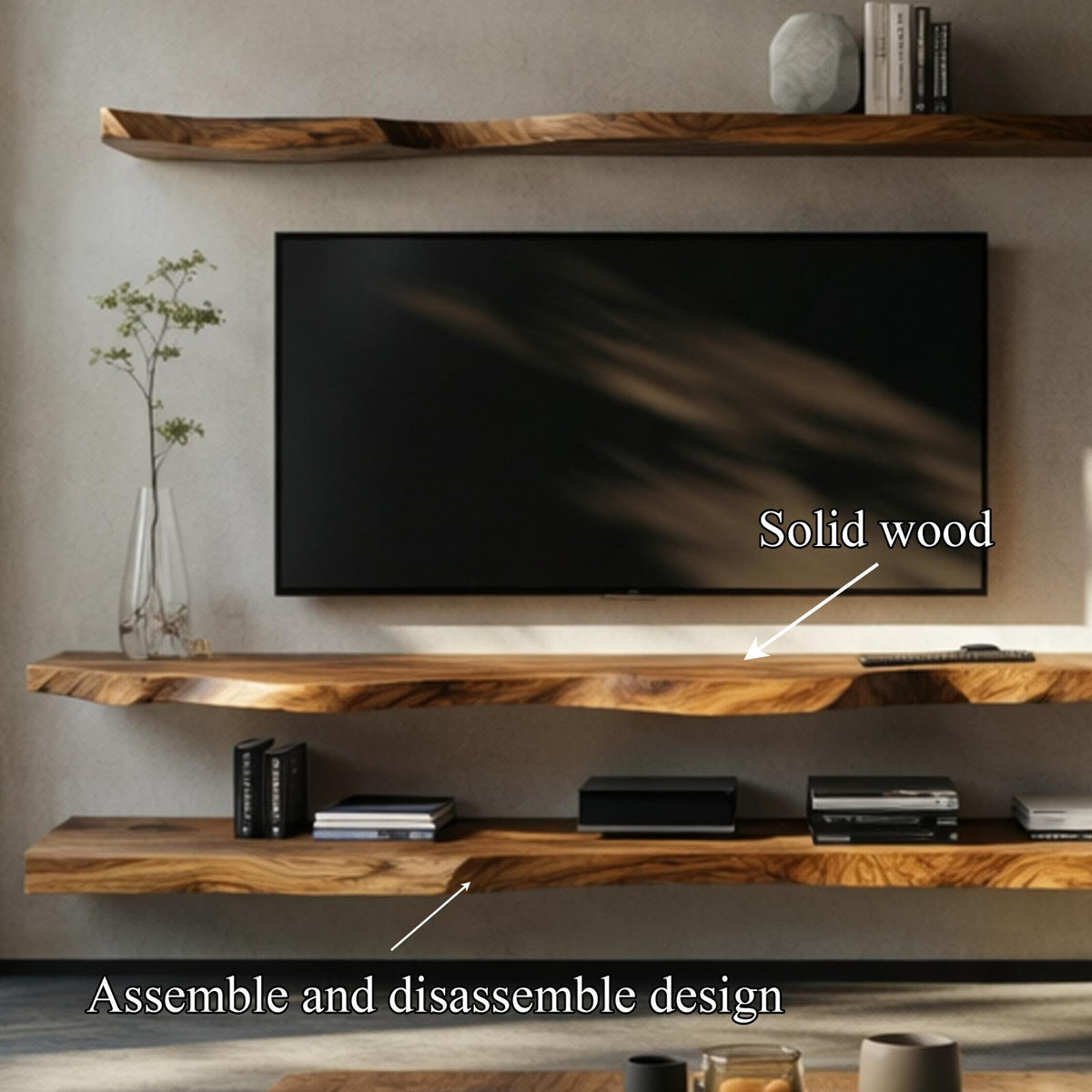 Rustic Live Edge Floating Media Shelf Solid Wood Living Room Interior Wall Mounted