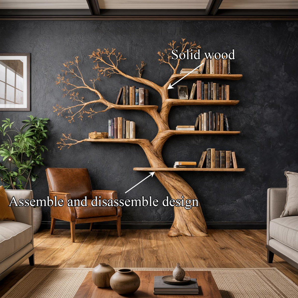 Sculptural Wood Tree Bookshelf, Architectural Wall Mounted Branch Bookcase and Art Display for Modern Living Room