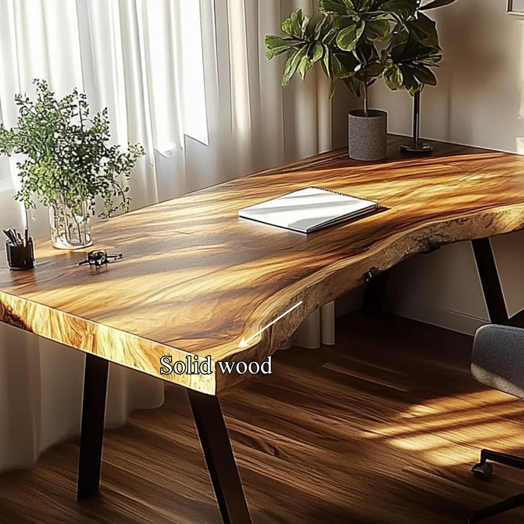 Rustic Live Edge Modern Desk, Solid Wood Computer Writing Table for Living Room & Home Office Study, Steel Legs