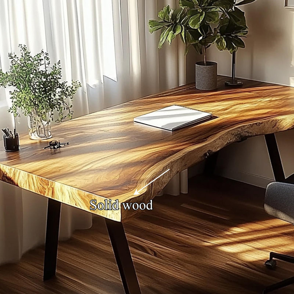 Rustic Live Edge Modern Desk, Solid Wood Computer Writing Table for Living Room & Home Office Study, Steel Legs